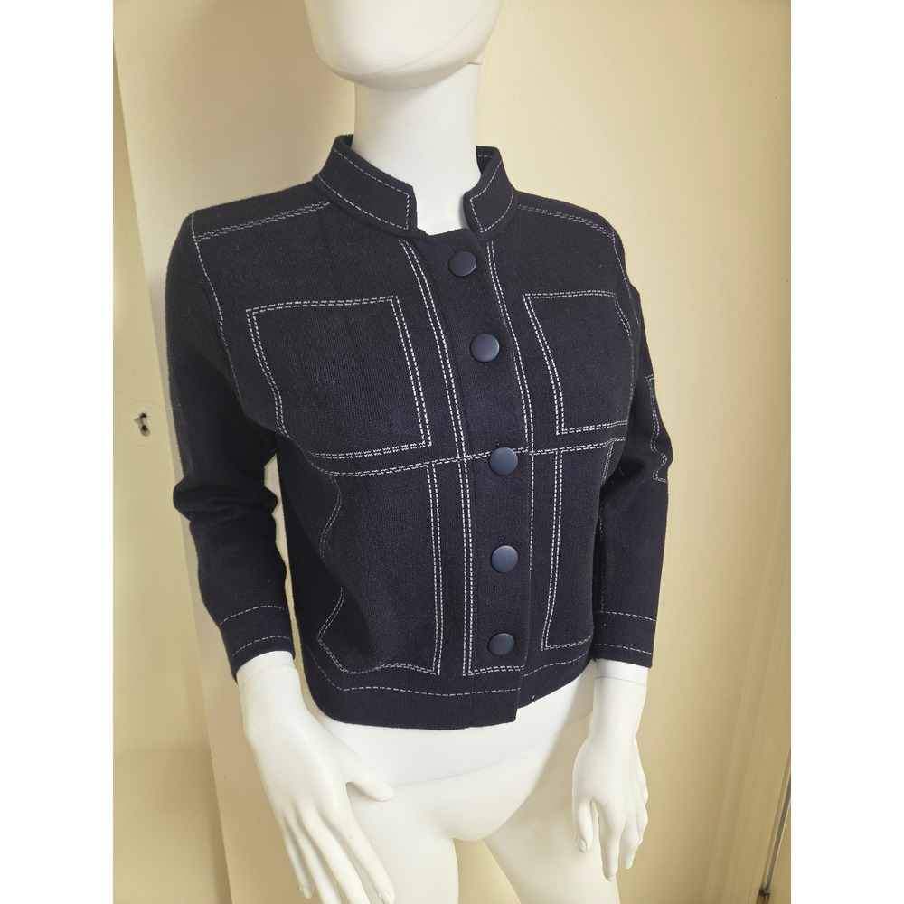 Kerisma Navy Blue Contrast Stitch Knit Jacket Mock Neck Button Front M5167 Small
